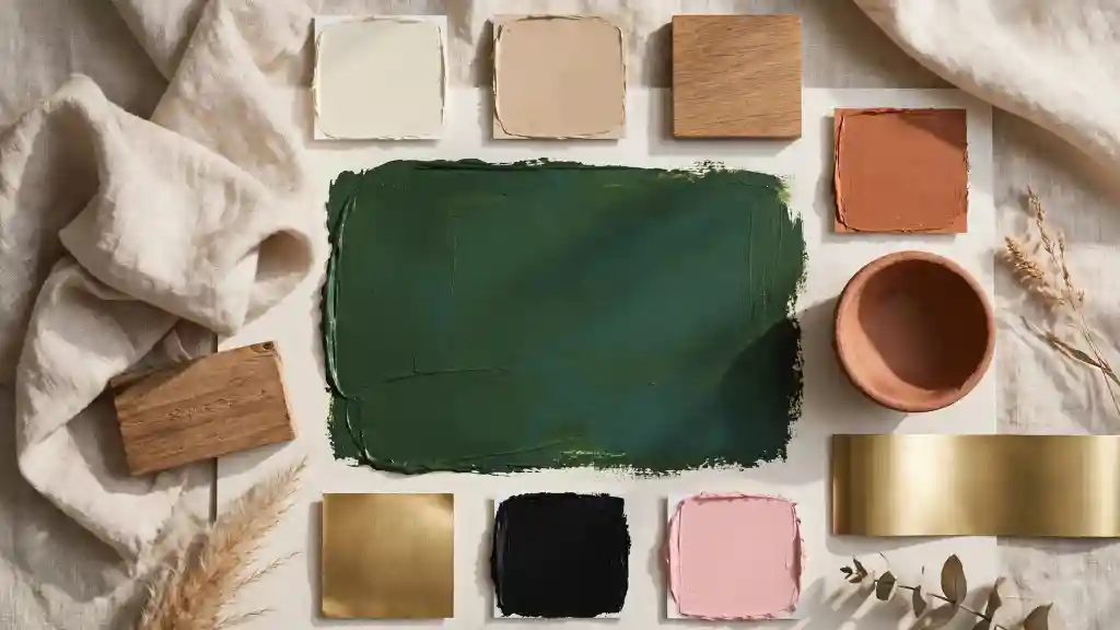 Moodboard verde Hooker e palette naturali Moodboard con campione di verde Hooker, campioni beige e terracotta, legno e metallo, esempio di palette naturale per arredare con questa tonalità profonda.