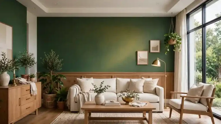 Soggiorno moderno con parete verde Hooker, divano chiaro, tavolino in legno e decorazioni naturali, esempio di abbinamenti eleganti con questa tonalità profonda.