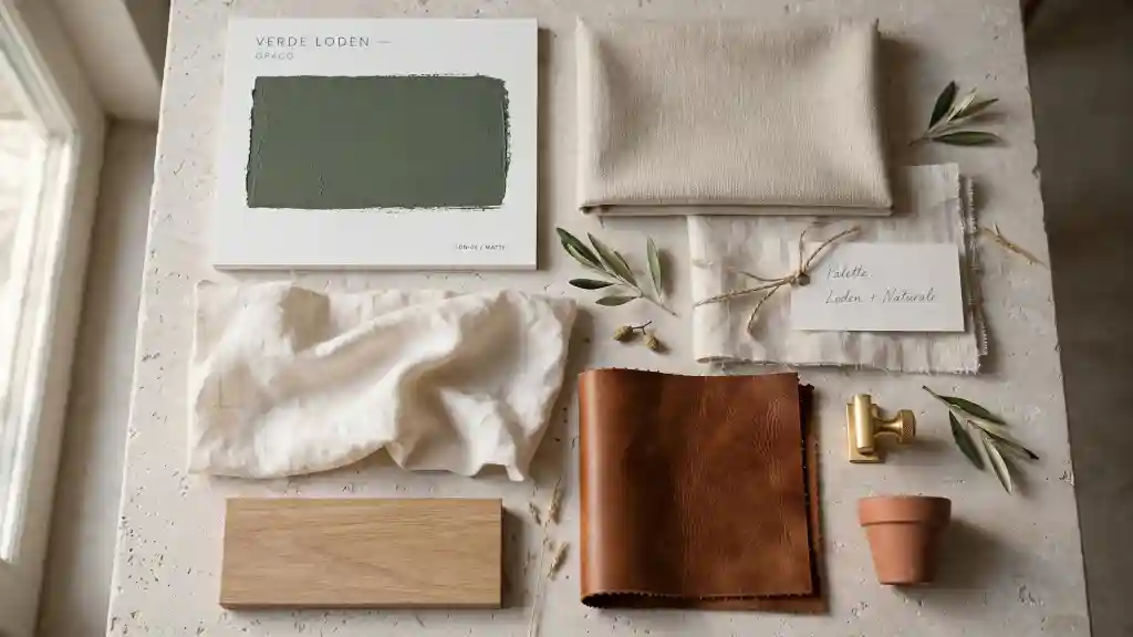 Moodboard verde loden e materiali naturali Moodboard con campione di verde loden, tessuti beige, pelle, legno, ottone e foglie di ulivo, esempio di palette naturale ed elegante per questa tonalità profonda.