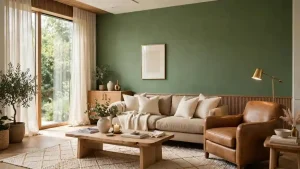 Soggiorno moderno con parete verde loden, divano beige, tavolino in legno e dettagli naturali, esempio elegante di questa tonalità profonda nell’arredamento.