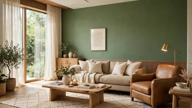 Soggiorno moderno con parete verde loden, divano beige, tavolino in legno e dettagli naturali, esempio elegante di questa tonalità profonda nell’arredamento.