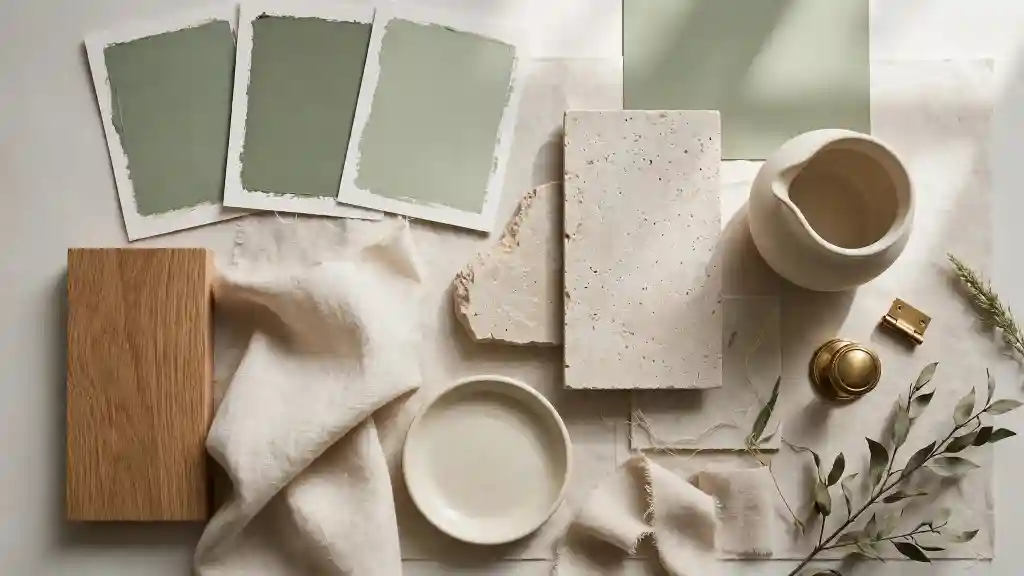 Moodboard verde reseda Moodboard con campioni verde reseda, legno chiaro e tessuti naturali.