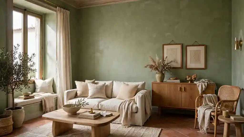 Soggiorno verde reseda Soggiorno con parete verde reseda, divano crema e arredi naturali.