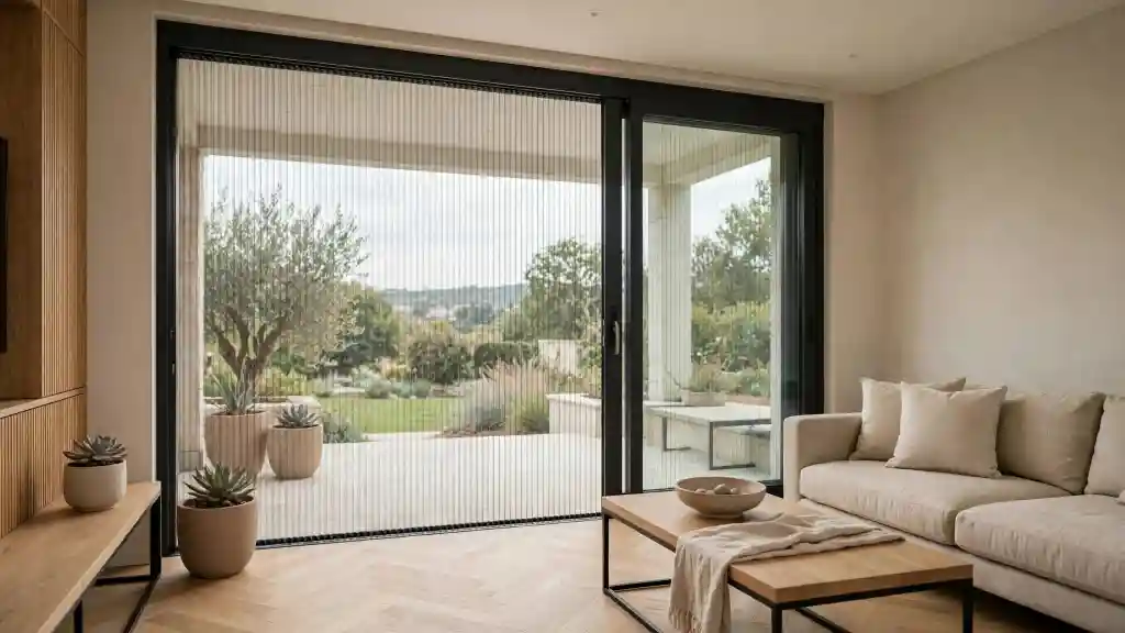 Zanzariere plissettate: soggiorno minimal con vista giardino Zanzariere plissettate su porta finestra di un soggiorno minimal con divano beige, piante grasse e vista sul giardino