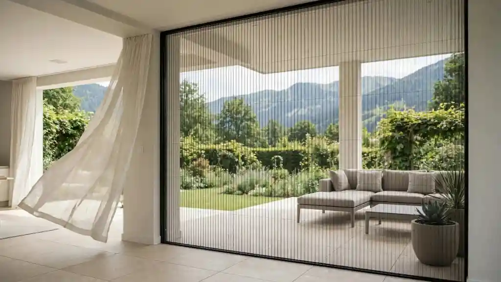 Zanzariere plissettate: vetrata panoramica con vista montagna Zanzariere plissettate su vetrata panoramica che si apre su una terrazza con divano e vista sulle montagne