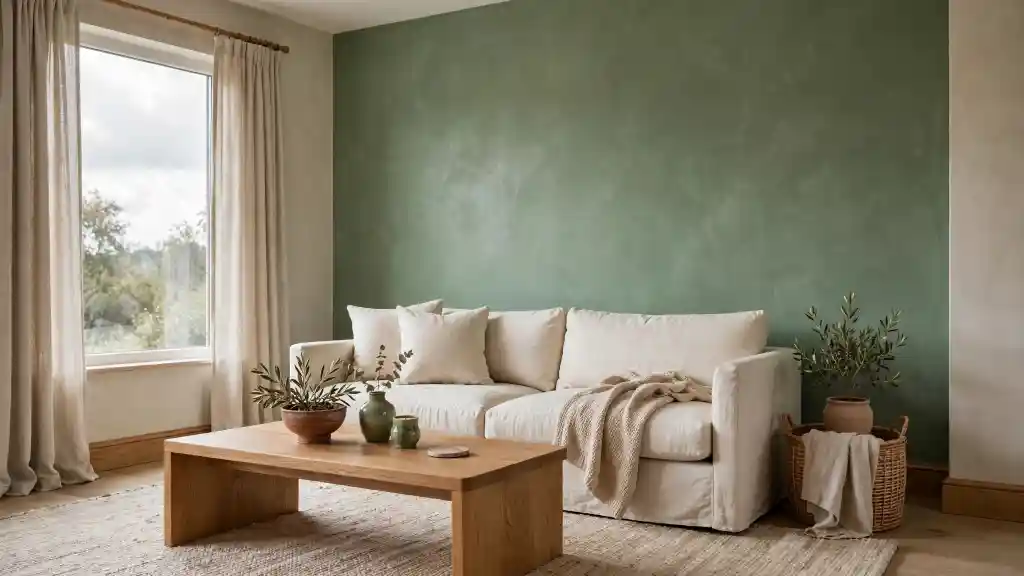 Jade Green Accent Wall in Warm Living Room Warm contemporary living room with muted Jade Green accent wall, cream linen sofa, natural oak coffee table and beige curtains