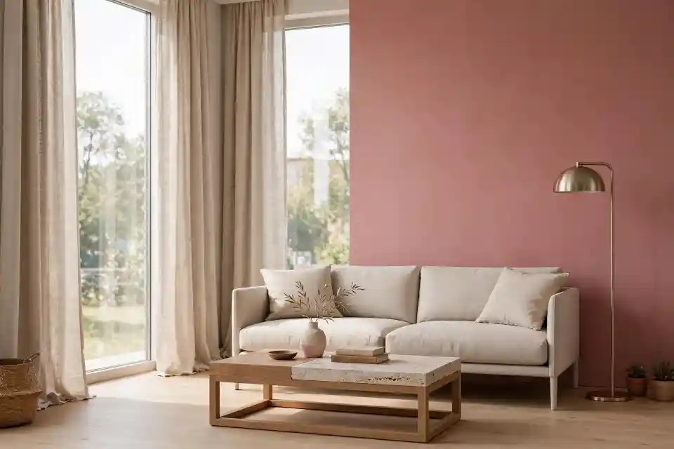 Soggiorno minimal con parete in colore cipria bruciato e arredi chiari Soggiorno minimal contemporaneo con parete d'accento in colore cipria bruciato, divano lineare beige chiaro, tavolino in legno e travertino, lampada ad arco in ottone satinato e tende in lino naturale, luce naturale da grande vetrata