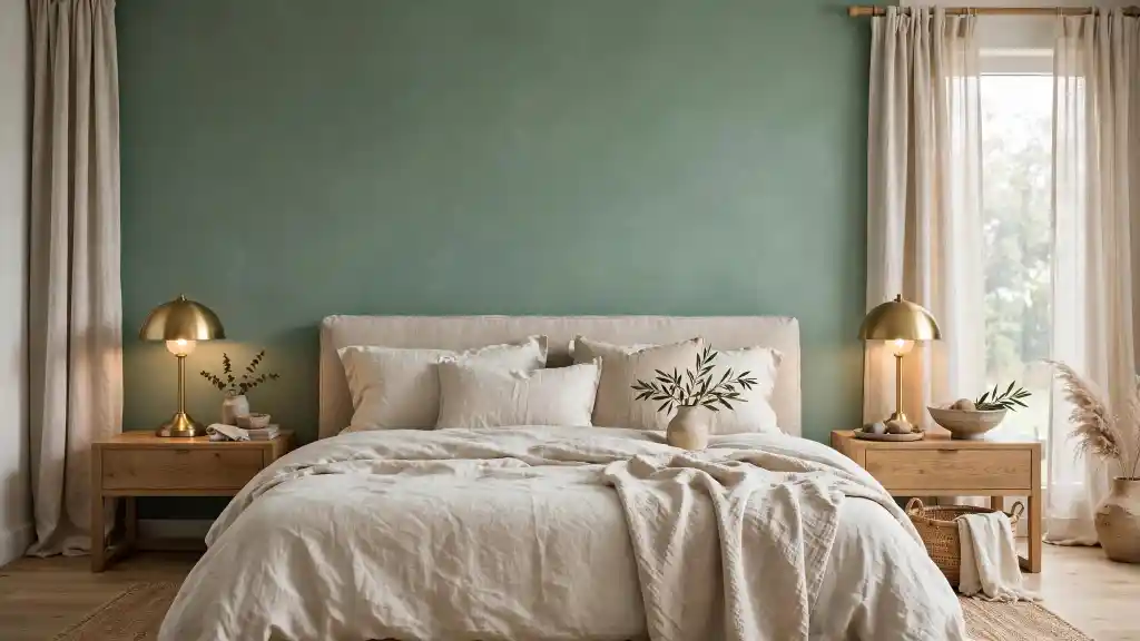 Camera da letto con parete Verde Patina RAL 6000 e arredi in rovere Camera da letto rilassante con parete testata in verde patina RAL 6000, biancheria in lino ecrù e lampade in ottone