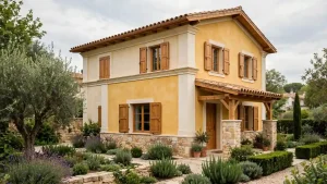 Casa provenzale con abbinamenti colori esterni con il giallo, persiane in legno, zoccolo in pietra e giardino di lavanda