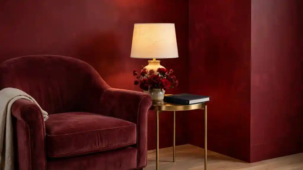 Angolo romantico Red Room con poltrona in velluto bordeaux, tavolino in ottone, lampada con paralume crema, fiori rossi scuri e libro d'arte
