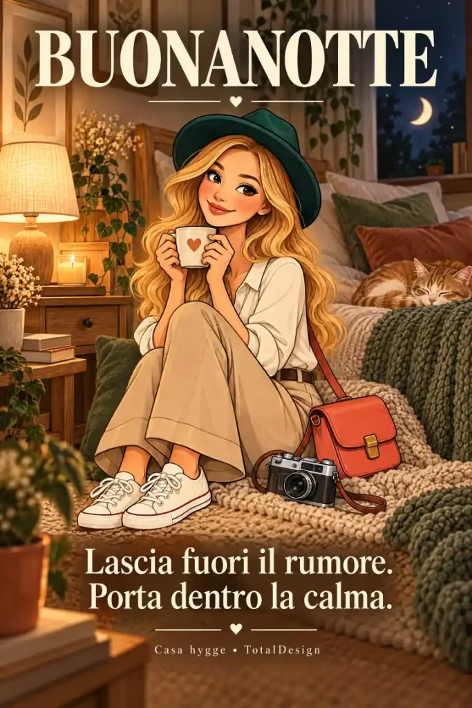 buonanotte in arredamento hygge, ragazza con tazza seduta su un letto accogliente con gatto, candele e luce calda — citazione "Lascia fuori il rumore, porta dentro la calma"