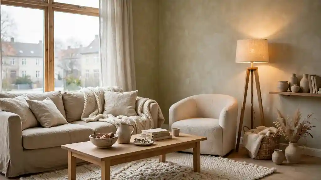 Soggiorno in stile arredamento hygge con divano e poltrona panna, lampada da terra in legno e tappeto in lana a trama grossa