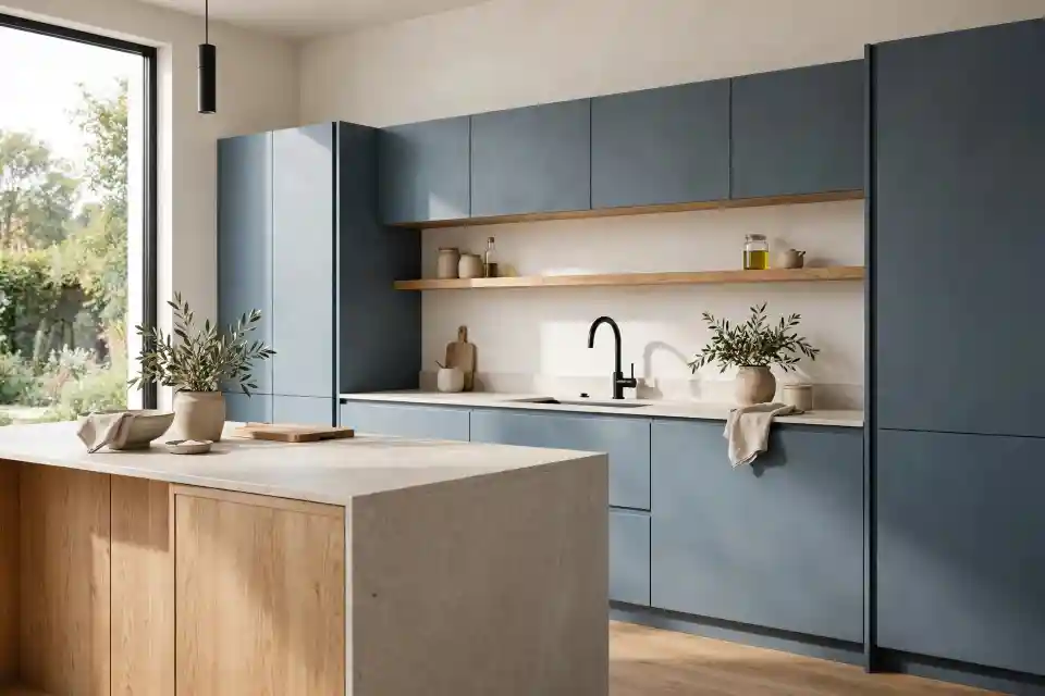 Azzurro fumo: cucina moderna con ante opache Cucina moderna con ante color azzurro fumo opaco, mensola e isola in legno naturale, rubinetteria nera