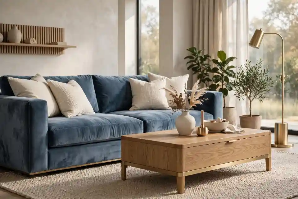Azzurro fumo: divano in velluto con dettagli in ottone Divano in velluto azzurro fumo con cuscini panna, tavolino in legno e dettagli in ottone in un soggiorno luminoso