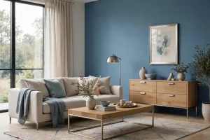Soggiorno con parete color azzurro fumo, divano beige, cuscini blu e madia in legno naturale