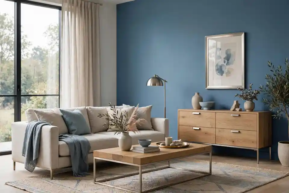 Azzurro fumo: abbinamento parete e arredi soggiorno Soggiorno con parete color azzurro fumo, divano beige, cuscini blu e madia in legno naturale