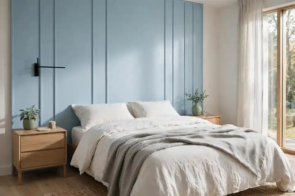 Camera da letto con parete testata azzurro ghiaccio e biancheria in lino bianco