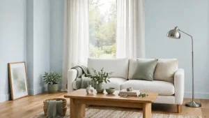 Soggiorno luminoso con pareti azzurro ghiaccio, divano bianco osso e pavimento in rovere