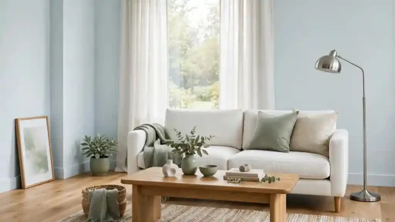 Soggiorno luminoso con pareti azzurro ghiaccio, divano bianco osso e pavimento in rovere
