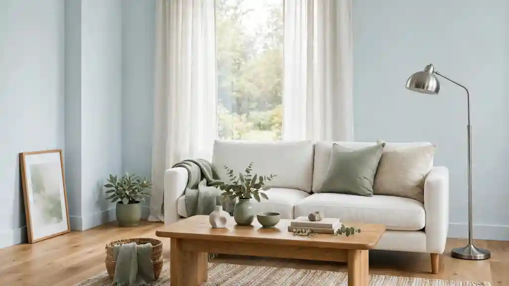 Soggiorno luminoso con pareti azzurro ghiaccio, divano bianco osso e pavimento in rovere