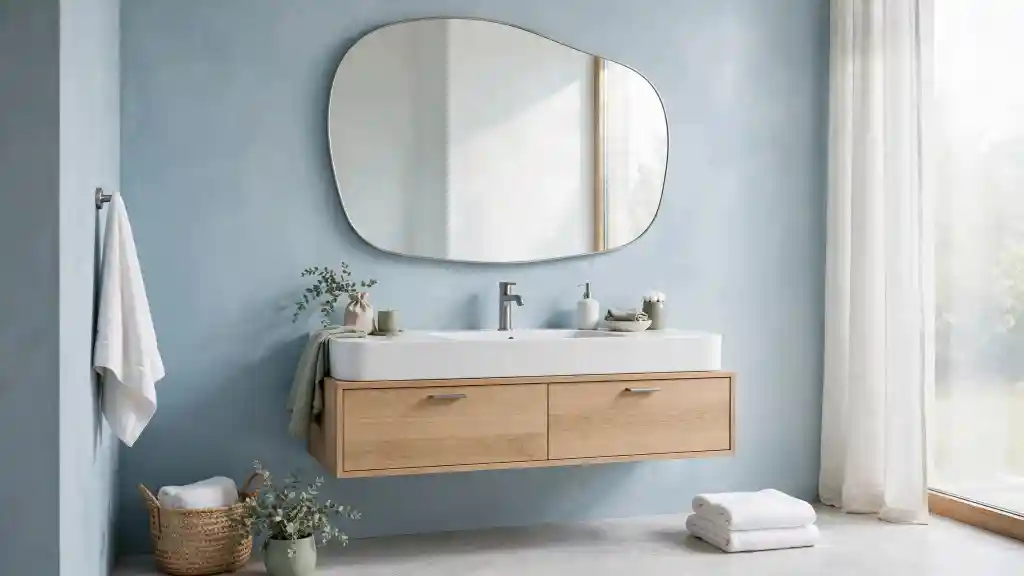Bagno contemporaneo con pareti azzurro ghiaccio, mobile in rovere e specchio dalle forme morbide