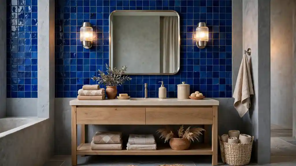Bagno blu cobalto e grigio cemento con mobile in legno Bagno contemporaneo in palette terrose colori freddi con piastrelle blu cobalto, dettagli grigio freddo effetto cemento, mobile lavabo in legno naturale con top pietra chiara, asciugamani beige argilla e accessori in ceramica sabbia e terracotta.