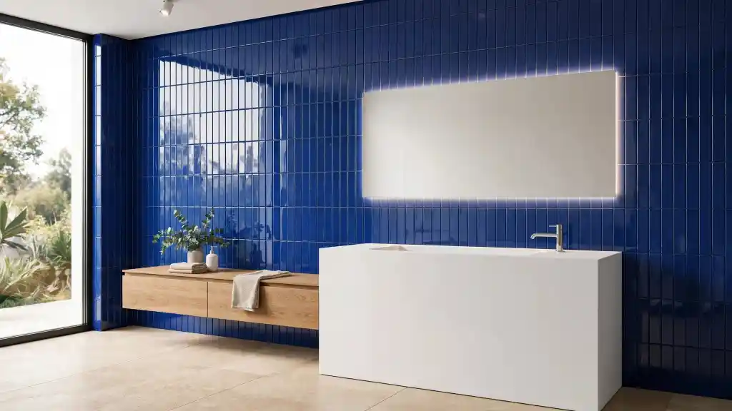 Bagno minimal blu cobalto con lavabo monolitico e specchio LED Bagno minimal con parete intera in piastrelle blu cobalto lucide verticali, lavabo monolitico bianco squadrato, mobile basso sospeso in rovere chiaro, grande specchio rettangolare retroilluminato a LED
