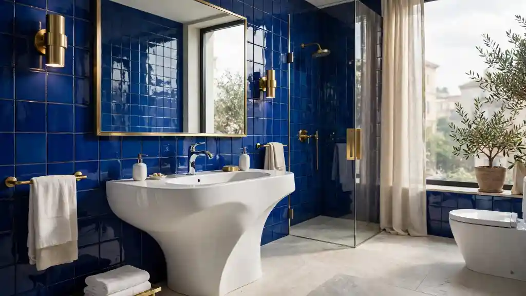 Bagno blu cobalto totale con lavabo scultoreo e ottone satinato Bagno con pareti in piastrelle blu cobalto lucide quadrate, lavabo scultoreo bianco freestanding dal design organico, grande specchio con cornice ottone satinato e applique cilindriche dorate