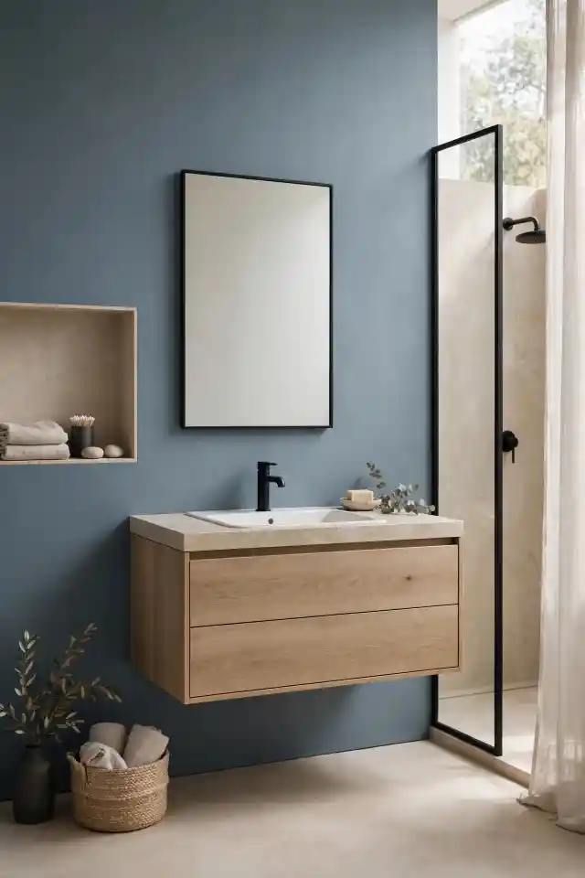 Bagno contemporaneo con parete azzurro acciaio, mobile in rovere e rubinetteria nera
