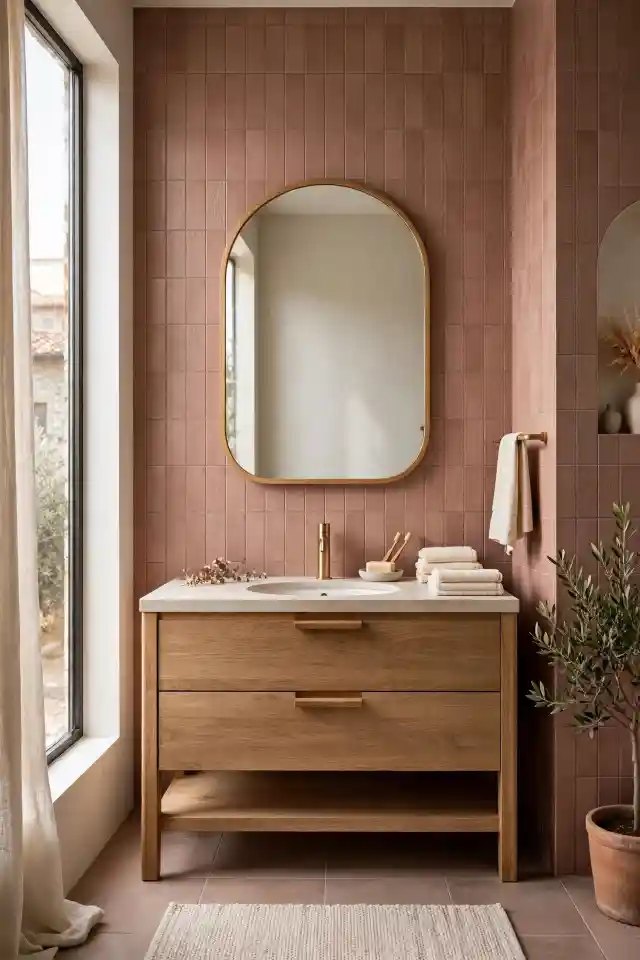 Bagno moderno con piastrelle in colore cipria bruciato e mobile in legno Bagno contemporaneo con rivestimento in piastrelle opache colore cipria bruciato a posa verticale, mobile lavabo in rovere naturale, top in pietra travertino chiara, rubinetteria in ottone satinato e specchio ovale in legno
