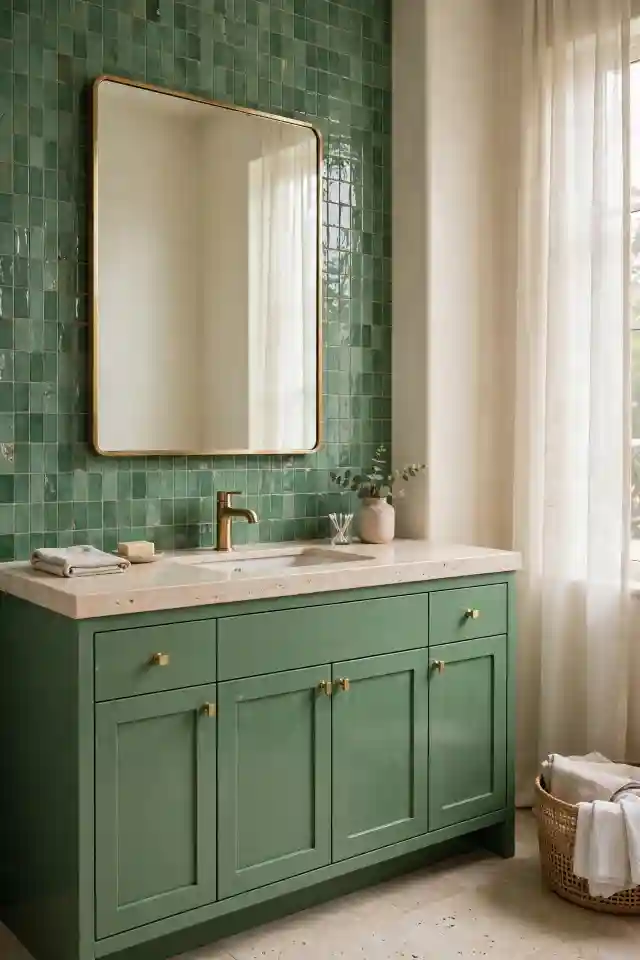 Bagno con Rivestimento Verde Giada e Mobile Lavabo Bagno moderno con rivestimento verde giada, mobile lavabo verde giada e dettagli in ottone