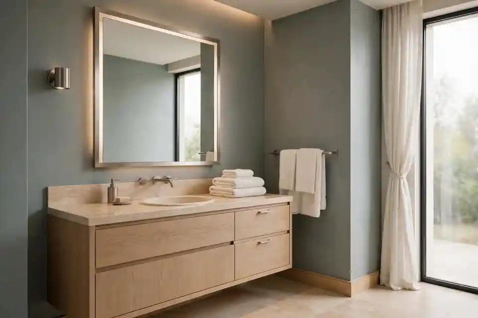 Bagno spa verde eucalipto polvere con rovere e pietra Bagno stile spa con parete in verde eucalipto polvere e mobile in rovere chiaro
