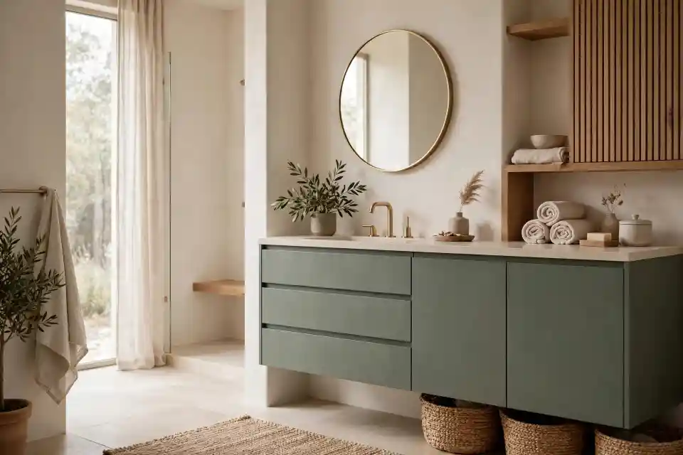 Bagno contemporaneo con mobile lavabo verde lichene colore, top in pietra chiara e rubinetteria in ottone spazzolato