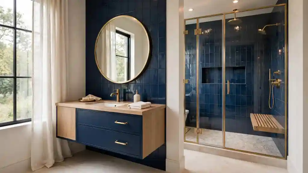 Blu in bagno con piastrelle cobalto e dettagli in ottone Blu in bagno: piastrelle blu cobalto, doccia con profili in ottone e specchio tondo