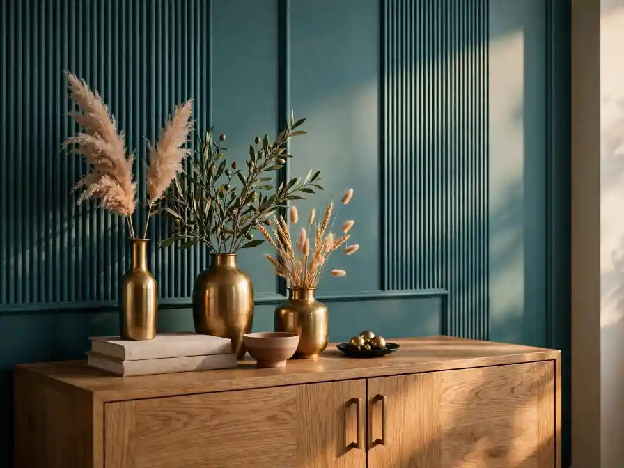 Blu ottanio pavone: boiserie con dettagli in ottone Boiserie color blu ottanio pavone con madia in legno, vasi in ottone e composizioni di fiori secchi e ulivo