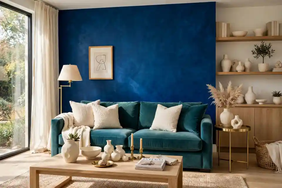 Soggiorno con parete color blu ottanio pavone, divano in velluto petrolio, cuscini panna e dettagli in ottone