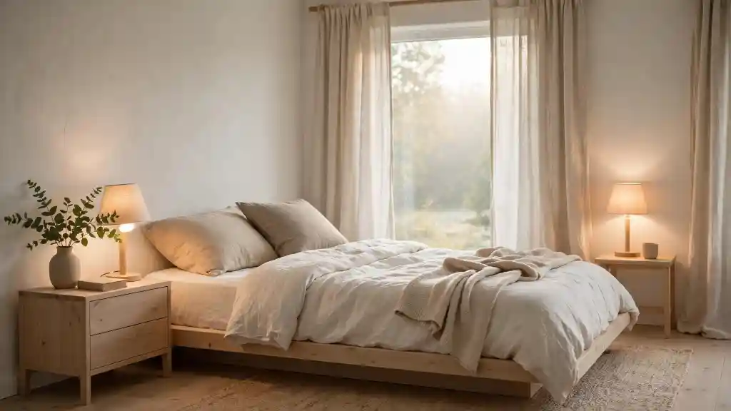 Camera da letto hygge luminosa con legno chiaro e lino crema Camera da letto hygge luminosa con letto in legno chiaro, biancheria in lino color crema, comodini in legno, lampade accese e ramo di eucalipto