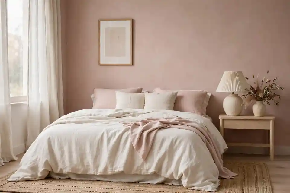 Palette sabbia rosato, avorio, rosa cipria e legno chiaro in una camera da letto minimal