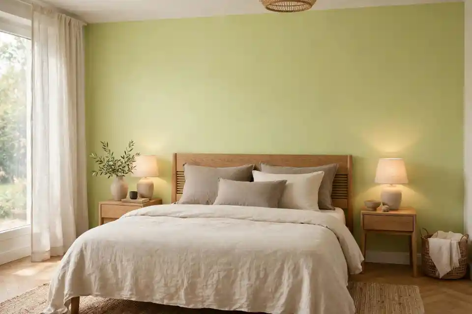 Camera da letto contemporanea in verde tiglio pallido con lino naturale Camera da letto con parete verde tiglio pallido, testiera in rovere e biancheria panna