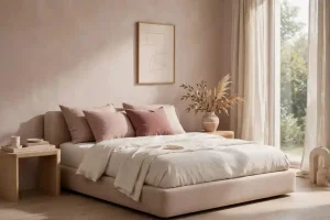 Camera da letto minimal con pareti sabbia rosato, biancheria avorio e cuscini rosa cipria in lino naturale