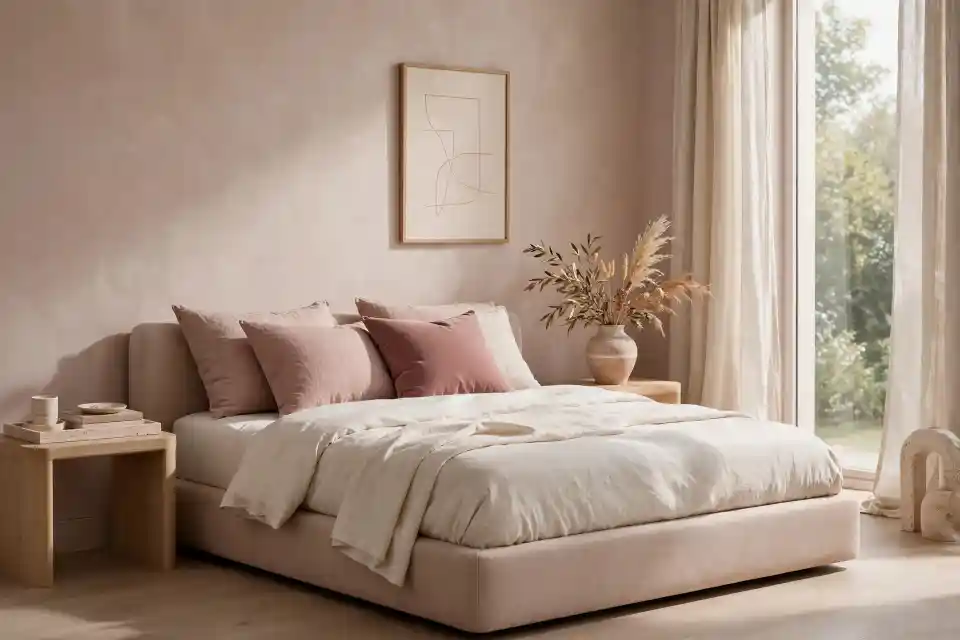 Camera da letto minimal con pareti sabbia rosato, biancheria avorio e cuscini rosa cipria in lino naturale