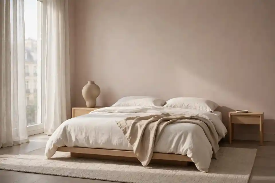 Camera da letto soft minimal con pareti nude sabbia, letto avorio e arredi in legno chiaro