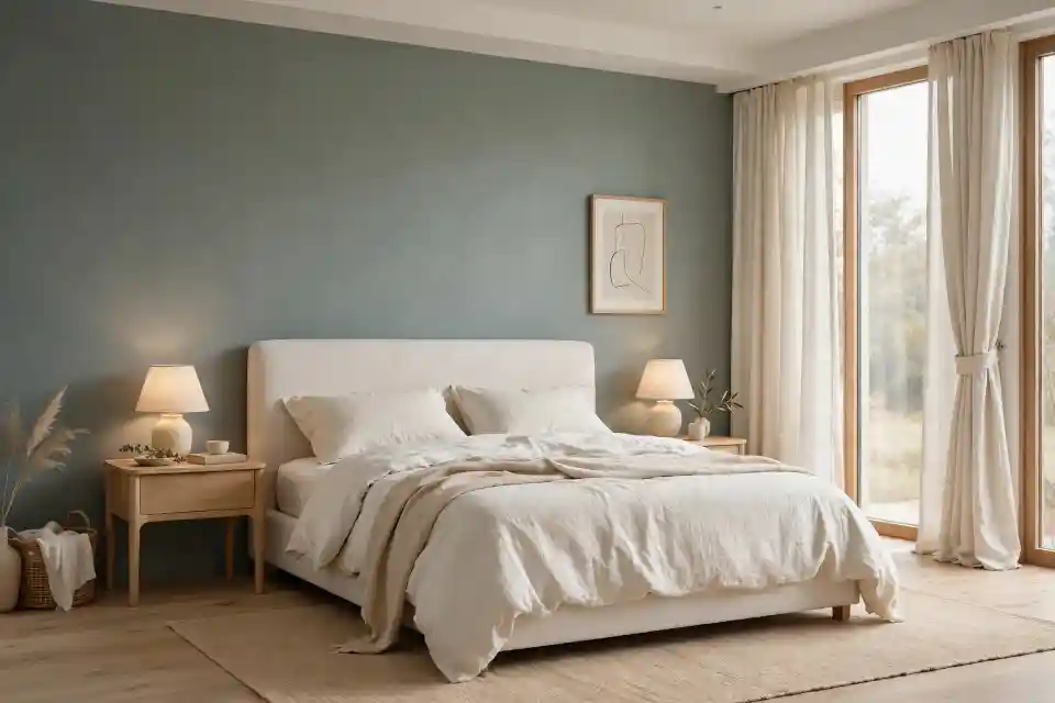 Camera da letto verde eucalipto polvere stile scandinavo Camera da letto con parete verde eucalipto polvere e letto in lino avorio