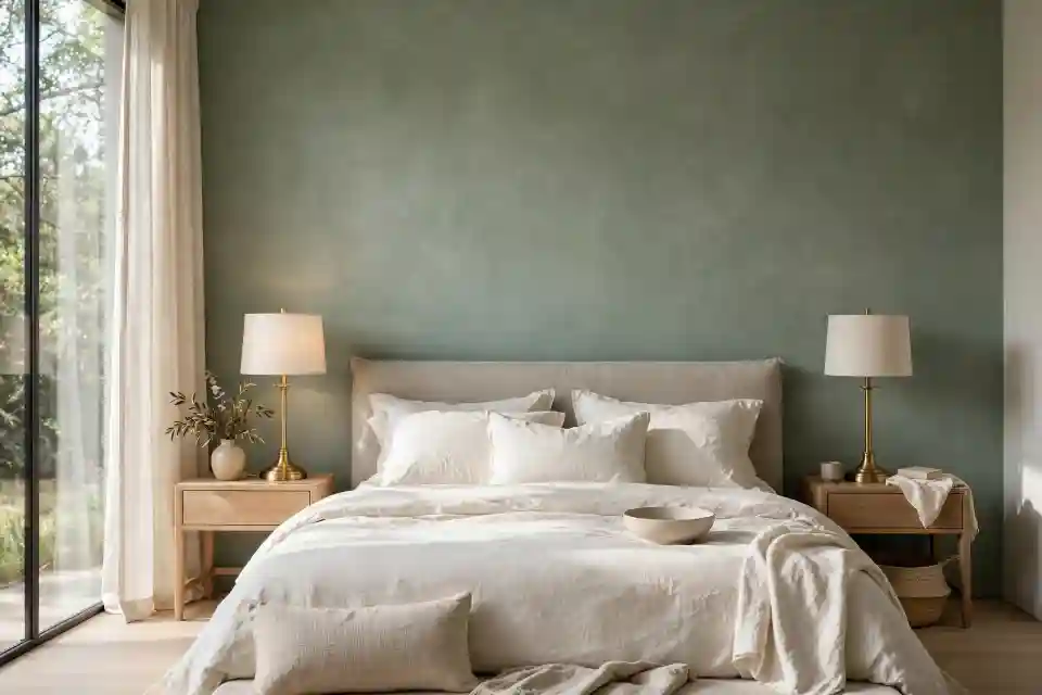 Camera da letto con parete verde lichene colore dietro la testata, biancheria avorio e comodini in legno