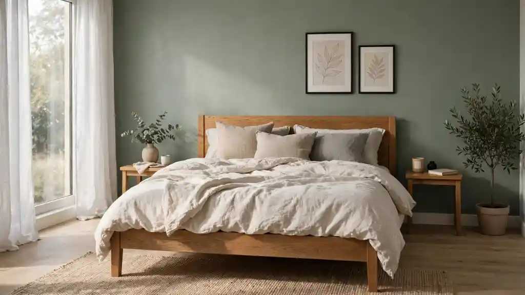 Camera da letto accogliente con parete verde tè e luce del mattino Camera da letto contemporanea con parete verde tè dietro la testiera, letto in rovere naturale e biancheria in lino avorio