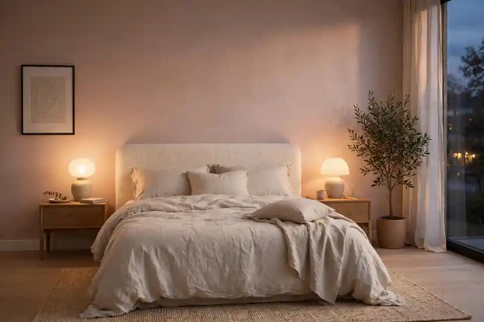 Camera da letto con parete greige rosato e testata bouclé crema - TotalDesign Camera da letto minimal con parete greige rosato, testata letto in tessuto bouclé crema e comodini in rovere con lampade in ceramica