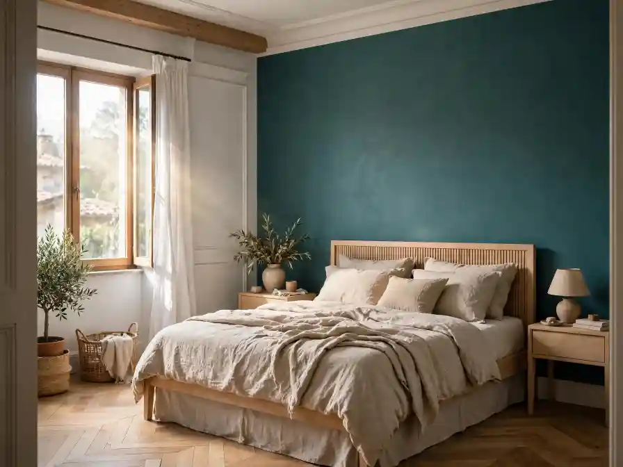 Camera da letto parete ottanio con letto in legno e lino beige Camera da letto con parete testata letto color ottanio, letto in rovere chiaro con biancheria in lino beige e comodini in legno