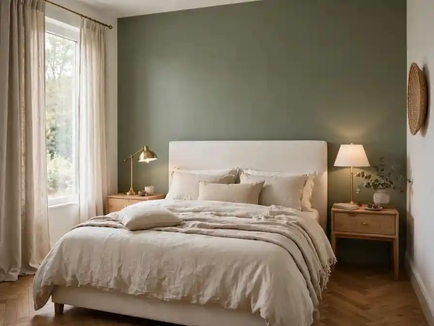 Camera da letto con parete verde canna RAL 6013 - letto crema e comodini in rovere Camera da letto contemporanea con parete in verde canna RAL 6013 dietro la testata, letto in tessuto crema e comodini in rovere naturale