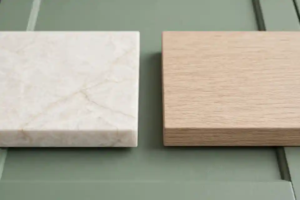 Campioni materiali top cucina verde salvia - quarzo bianco caldo vs rovere sbiancato Campioni top cucina verde salvia: quarzo bianco caldo con venatura crema e rovere chiaro sbiancato su anta RAL 6021