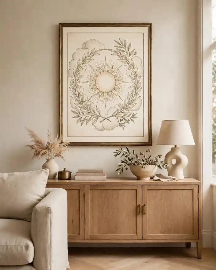 Carte e tarocchi nell'arredamento come opera grafica chic per soggiorno contemporaneo Soggiorno contemporaneo elegante con grande stampa artistica ispirata ai tarocchi in cornice ottone antico sopra madia in legno naturale, divano in lino beige e decorazioni neutre - idea sofisticata per carte e tarocchi nell'arredamento